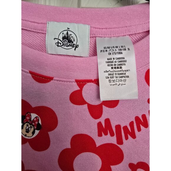 Disney Minnie Mouse Pink Crewneck Sweatshirt With Red Floral Print Large NWT New - Picture 3 of 9